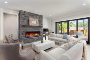 Дизайн вітальні з електричним каміном