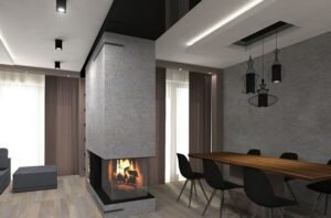 Сучасний інтер'єр вітальні з каміном